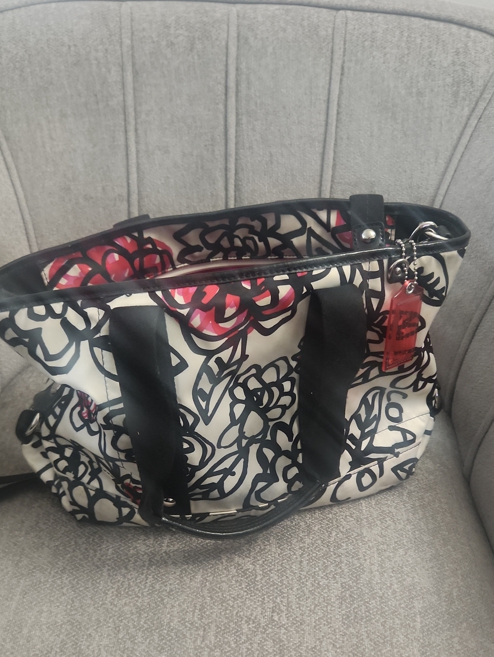 Coach Floral Print Tote Bag with Black Trim - White/Pink